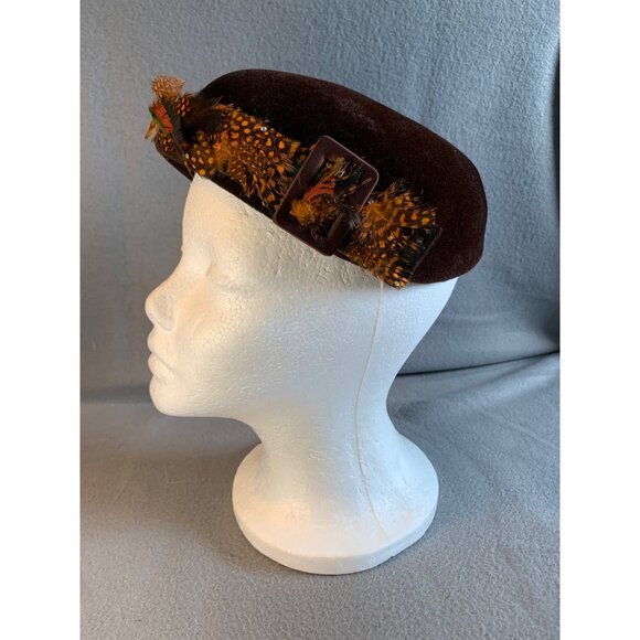Carol Ladies Brown Hat with Feather and Buckle accents Sz 22 Vintage - Picture 1 of 9